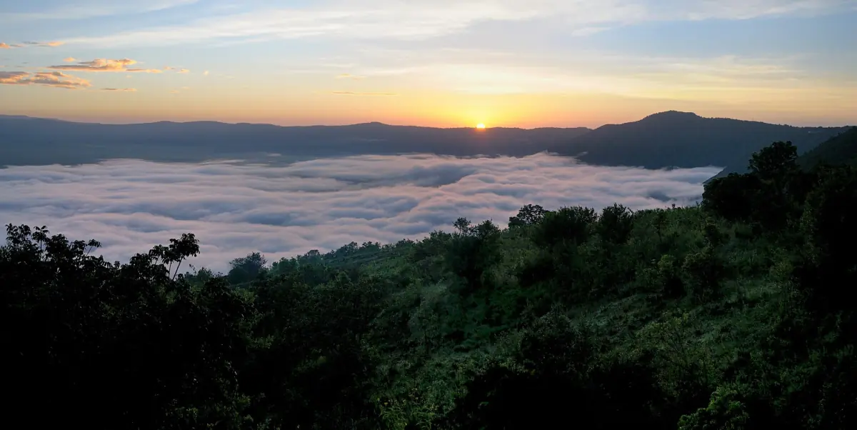 The crater at dawn seen from a lodge on the rim